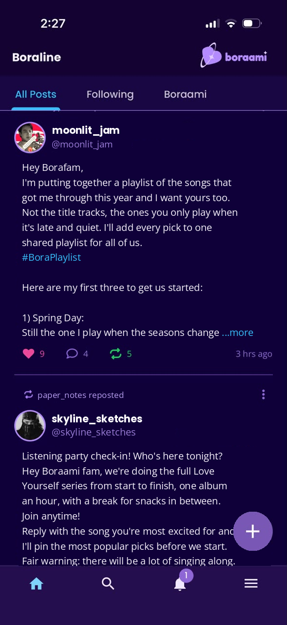 Boraline, the Boraami timeline, with liked and reposted posts