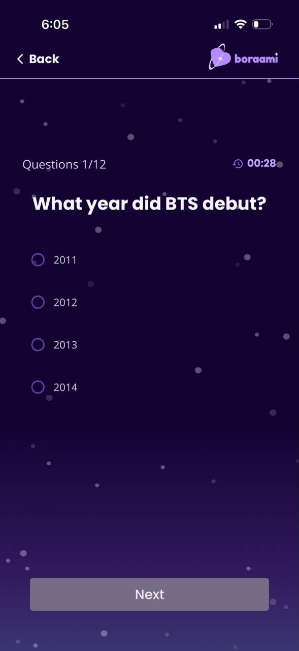 Admission quiz question asking what year BTS debuted, with a countdown timer